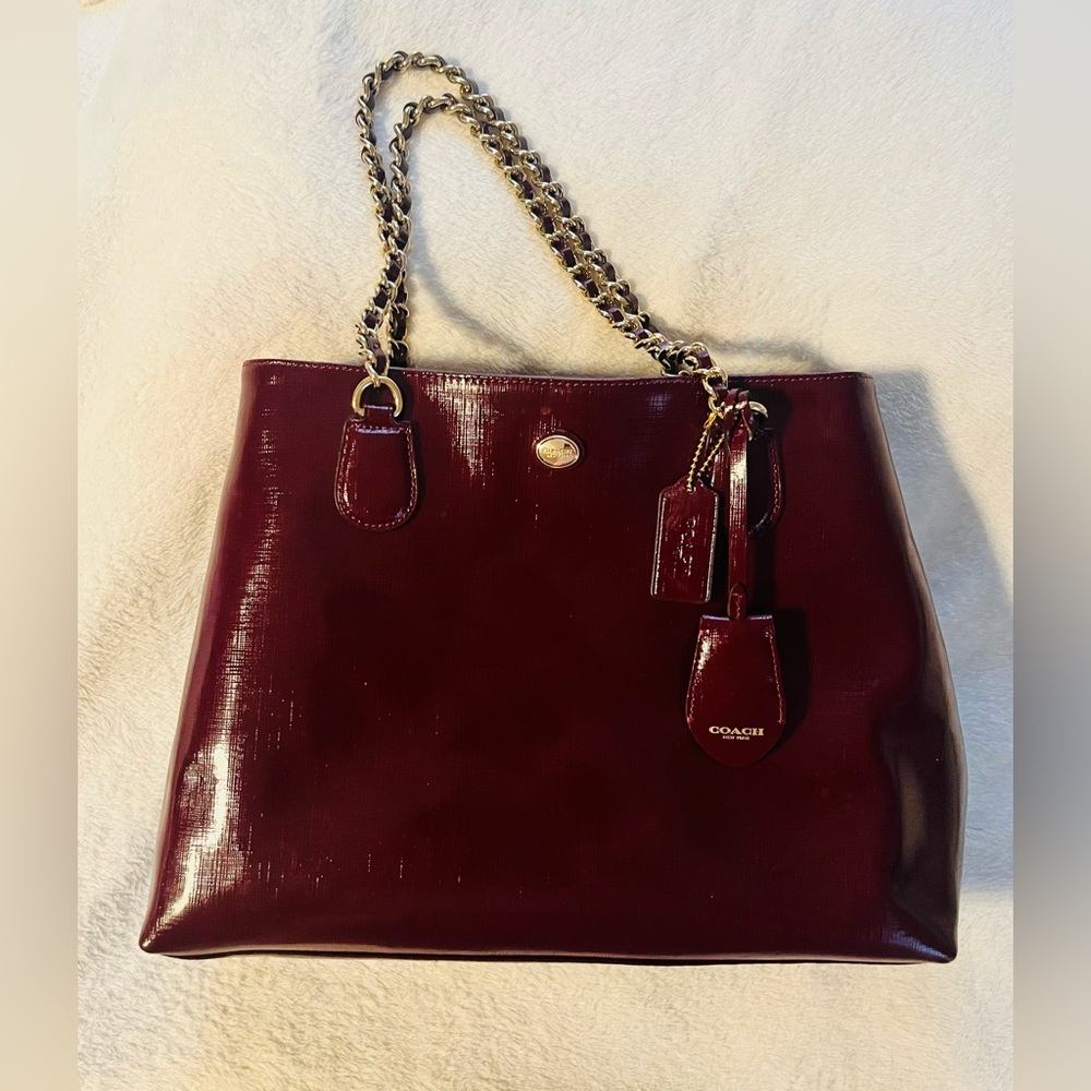 Coach Peyton Saffiano Patent Leather Shoulder Tote Bag